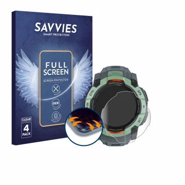 Vorderseite einer Produktverpackung mit dem Markenlogo Savvies. Daneben ist das Gerät Garmin Instinct 3 AMOLED (50 mm) mit dem