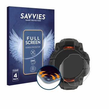 Vorderseite einer Produktverpackung mit dem Markenlogo Savvies. Daneben ist das Gerät Garmin Instinct 3 Solar (50 mm) mit dem 