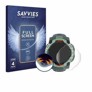 Vorderseite einer Produktverpackung mit dem Markenlogo Savvies. Daneben ist das Gerät Garmin Instinct 3 AMOLED (45 mm) mit dem