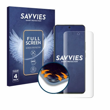 Vorderseite einer Produktverpackung mit dem Markenlogo Savvies. Daneben ist das Gerät realme 14 Pro Plus mit dem zugehörigen D