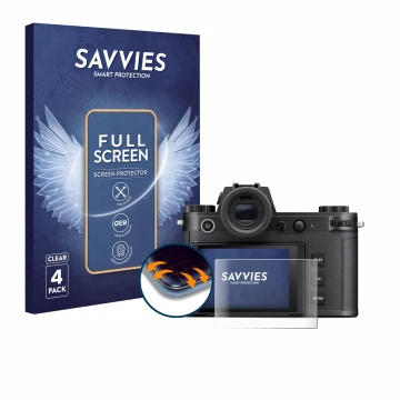 Vorderseite einer Produktverpackung mit dem Markenlogo Savvies. Daneben ist das Gerät Leica SL3-S mit dem zugehörigen Displays