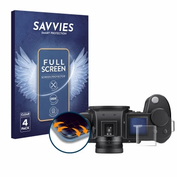 Vorderseite einer Produktverpackung mit dem Markenlogo Savvies. Daneben ist das Gerät Leica SL3-S (Schulterdisplay) mit dem zu