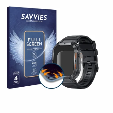 Vorderseite einer Produktverpackung mit dem Markenlogo Savvies. Daneben ist das Gerät bedee Smartwatch 1.96