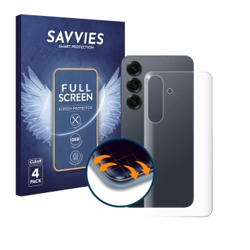 Vorderseite einer Produktverpackung mit dem Markenlogo Savvies. Daneben ist das Gerät Samsung Galaxy S25 (Rückseite) mit dem z