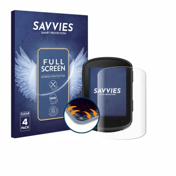 Vorderseite einer Produktverpackung mit dem Markenlogo Savvies. Daneben ist das Gerät Garmin Edge 540 Solar mit dem zugehörige