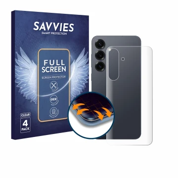 Vorderseite einer Produktverpackung mit dem Markenlogo Savvies. Daneben ist das Gerät Samsung Galaxy S25 Plus (Rückseite) mit 