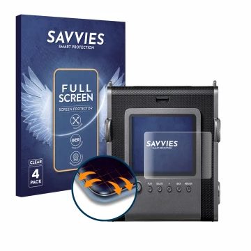 Vorderseite einer Produktverpackung mit dem Markenlogo Savvies. Daneben ist das Gerät Fujifilm Instax Wide Evo mit dem zugehör