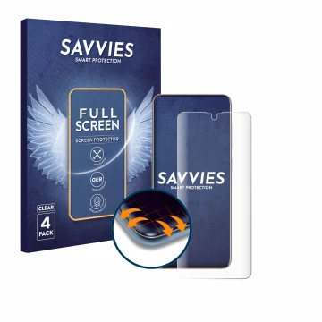 Vorderseite einer Produktverpackung mit dem Markenlogo Savvies. Daneben ist das Gerät Samsung Galaxy S20 5G (case-friendly) mi