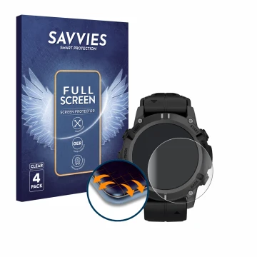 Vorderseite einer Produktverpackung mit dem Markenlogo Savvies. Daneben ist das Gerät Garmin Descent G2 mit dem zugehörigen Di