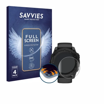 Vorderseite einer Produktverpackung mit dem Markenlogo Savvies. Daneben ist das Gerät Garmin Tactix 8 Solar (51 mm) mit dem zu