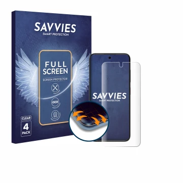 Vorderseite einer Produktverpackung mit dem Markenlogo Savvies. Daneben ist das Gerät ZTE Blade V70 Vita mit dem zugehörigen D
