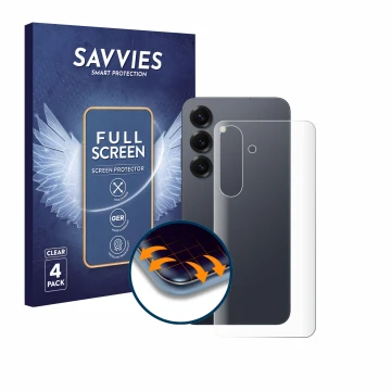 Vorderseite einer Produktverpackung mit dem Markenlogo Savvies. Daneben ist das Gerät Samsung Galaxy S25 Enterprise Edition (R