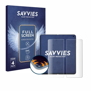 Vorderseite einer Produktverpackung mit dem Markenlogo Savvies. Daneben ist das Gerät Oppo Find N5 (Inneres Display) mit dem z