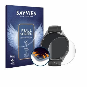 Vorderseite einer Produktverpackung mit dem Markenlogo Savvies. Daneben ist das Gerät Hama Smartwatch 7010 mit dem zugehörigen