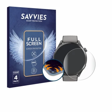 Vorderseite einer Produktverpackung mit dem Markenlogo Savvies. Daneben ist das Gerät Hama Smartwatch 9000 mit dem zugehörigen