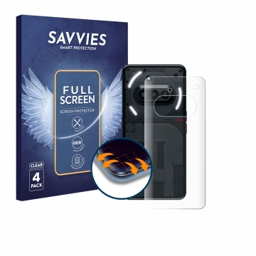 Vorderseite einer Produktverpackung mit dem Markenlogo Savvies. Daneben ist das Gerät Nothing Phone (3a) (Rückseite) mit dem z