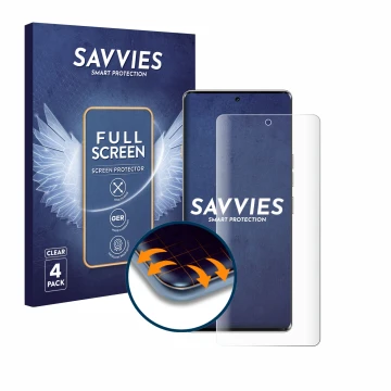Vorderseite einer Produktverpackung mit dem Markenlogo Savvies. Daneben ist das Gerät Tecno Camon 40 Pro 5G mit dem zugehörige