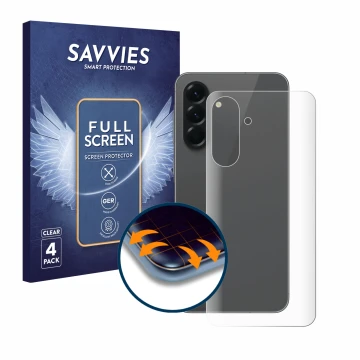 Vorderseite einer Produktverpackung mit dem Markenlogo Savvies. Daneben ist das Gerät Samsung Galaxy A56 5G (Rückseite) mit de