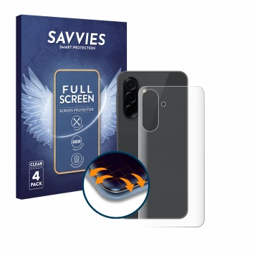 Vorderseite einer Produktverpackung mit dem Markenlogo Savvies. Daneben ist das Gerät Samsung Galaxy A36 5G (Rückseite) mit de