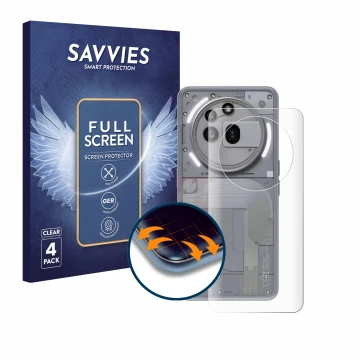 Vorderseite einer Produktverpackung mit dem Markenlogo Savvies. Daneben ist das Gerät Nothing Phone (3a) Pro (Rückseite) mit d