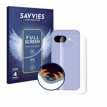 Vorderseite einer Produktverpackung mit dem Markenlogo Savvies. Daneben ist das Gerät Google Pixel 9a (Rückseite) mit dem zuge