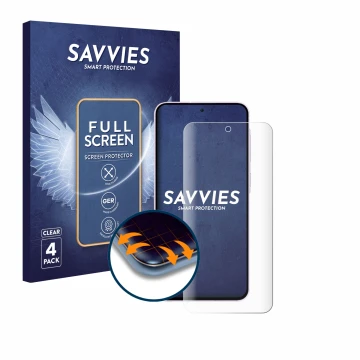 Vorderseite einer Produktverpackung mit dem Markenlogo Savvies. Daneben ist das Gerät Samsung Galaxy A56 5G Enterprise Edition