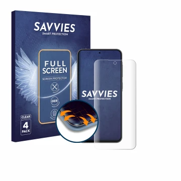 Vorderseite einer Produktverpackung mit dem Markenlogo Savvies. Daneben ist das Gerät Samsung Galaxy A36 5G Enterprise Edition
