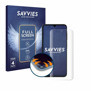 Vorderseite einer Produktverpackung mit dem Markenlogo Savvies. Daneben ist das Gerät Samsung Galaxy A26 5G Enterprise Edition