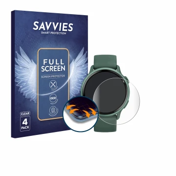 Vorderseite einer Produktverpackung mit dem Markenlogo Savvies. Daneben ist das Gerät Garmin vivoactive 6 mit dem zugehörigen 