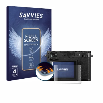 Vorderseite einer Produktverpackung mit dem Markenlogo Savvies. Daneben ist das Gerät Fujifilm GFX 100RF mit dem zugehörigen D