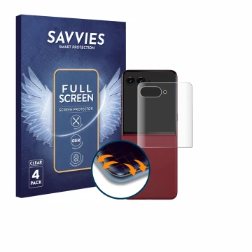 Vorderseite einer Produktverpackung mit dem Markenlogo Savvies. Daneben ist das Gerät Motorola Razr 60 Ultra (Hinteres Display