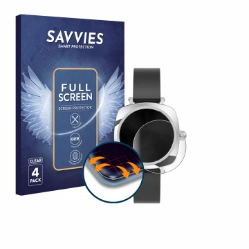 Vorderseite einer Produktverpackung mit dem Markenlogo Savvies. Daneben ist das Gerät Sross Smartwatch 1.19