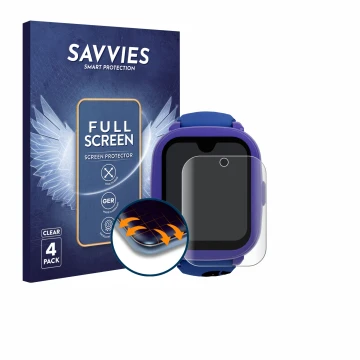 Vorderseite einer Produktverpackung mit dem Markenlogo Savvies. Daneben ist das Gerät SaveFamily Iconic Plus 2 4G mit dem zuge