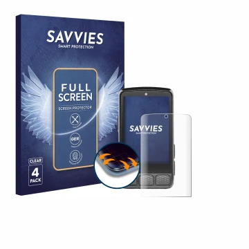 Vorderseite einer Produktverpackung mit dem Markenlogo Savvies. Daneben ist das Gerät Wahoo Elemnt Roam V3 mit dem zugehörigen