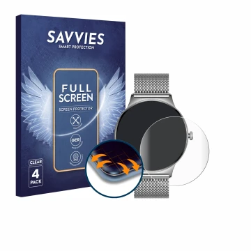 Vorderseite einer Produktverpackung mit dem Markenlogo Savvies. Daneben ist das Gerät Pireware Slim Smartwatch mit dem zugehör