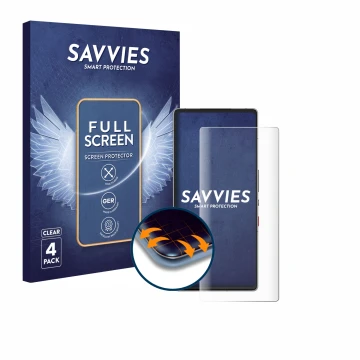 Vorderseite einer Produktverpackung mit dem Markenlogo Savvies. Daneben ist das Gerät ZTE Nubia Red Magic 10 Air mit dem zugeh
