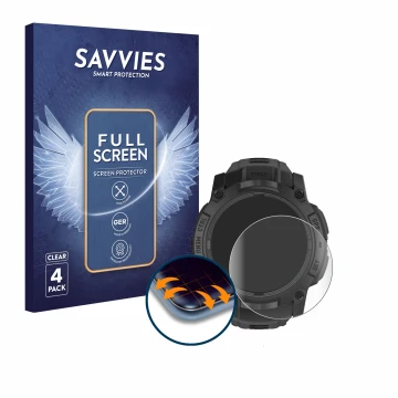 Vorderseite einer Produktverpackung mit dem Markenlogo Savvies. Daneben ist das Gerät Garmin Instinct 3 Tactical AMOLED Editio