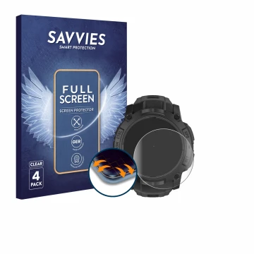 Vorderseite einer Produktverpackung mit dem Markenlogo Savvies. Daneben ist das Gerät Garmin Instinct 3 Solar Tactical Edition