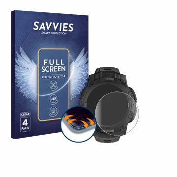 Vorderseite einer Produktverpackung mit dem Markenlogo Savvies. Daneben ist das Gerät Garmin Instinct 3 Solar Tactical Edition