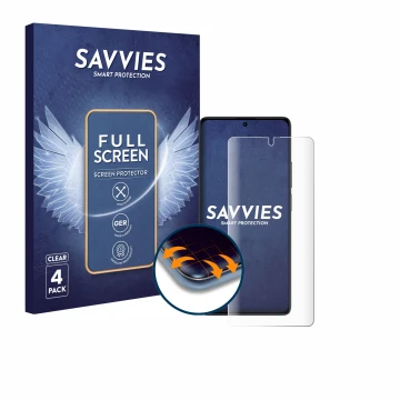 Vorderseite einer Produktverpackung mit dem Markenlogo Savvies. Daneben ist das Gerät Xiaomi Poco M6 Pro 4G mit dem zugehörige