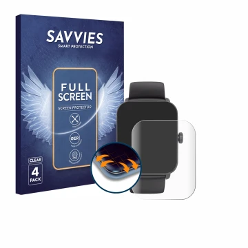 Vorderseite einer Produktverpackung mit dem Markenlogo Savvies. Daneben ist das Gerät Hama Smartwatch 6010 mit dem zugehörigen