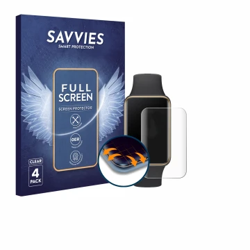 Vorderseite einer Produktverpackung mit dem Markenlogo Savvies. Daneben ist das Gerät Honor Band 10 mit dem zugehörigen Displa