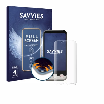 Vorderseite einer Produktverpackung mit dem Markenlogo Savvies. Daneben ist das Gerät Doro Aurora A10 mit dem zugehörigen Disp