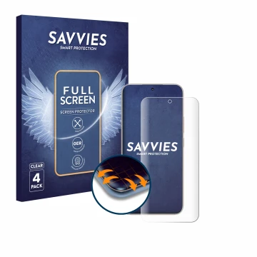 Vorderseite einer Produktverpackung mit dem Markenlogo Savvies. Daneben ist das Gerät Honor 400 mit dem zugehörigen Displaysch
