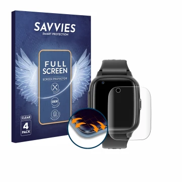 Vorderseite einer Produktverpackung mit dem Markenlogo Savvies. Daneben ist das Gerät Krostming Kids Smartwatch GPS 4G mit dem