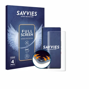 Vorderseite einer Produktverpackung mit dem Markenlogo Savvies. Daneben ist das Gerät ZTE Nubia Red Magic 10S Pro mit dem zuge