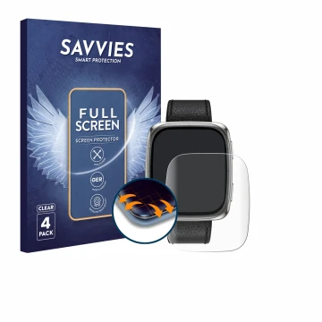 Vorderseite einer Produktverpackung mit dem Markenlogo Savvies. Daneben ist das Gerät Amazfit Active 2 (rechteckig) mit dem zu