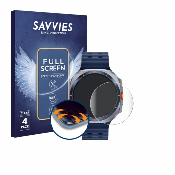 Vorderseite einer Produktverpackung mit dem Markenlogo Savvies. Daneben ist das Gerät Samsung Galaxy Watch Ultra 2 (47 mm) mit