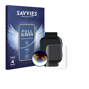 Vorderseite einer Produktverpackung mit dem Markenlogo Savvies. Daneben ist das Gerät Garmin Venu X1 mit dem zugehörigen Displ
