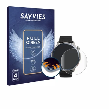 Vorderseite einer Produktverpackung mit dem Markenlogo Savvies. Daneben ist das Gerät Huami Amazfit Balance 2 mit dem zugehöri